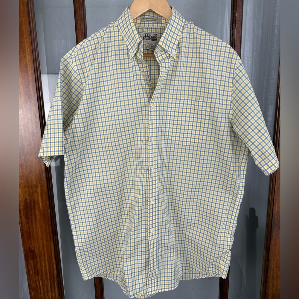L.L. Bean Wrinkle Free traditional fit Short Sleeve Yellow Plaid Shirt M Reg